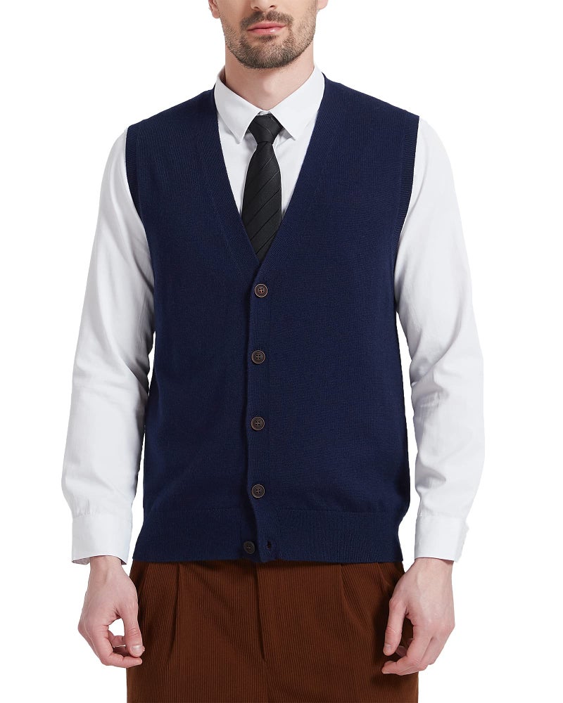 Kallspin Men's Sweater Vest Wool Blend V-Neck Button Sleeveless Cardigan Vest Sweater (Navy Blue, Medium) - Image 1